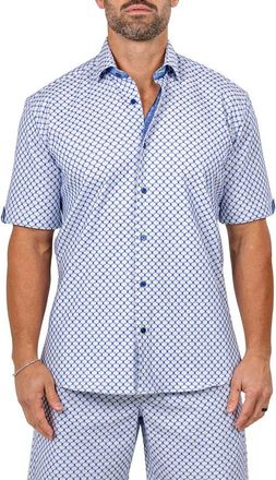 Maceoo Galileo Marthy Short Sleeve Button-Up Shirt in White/blue at Nordstrom, Size 4