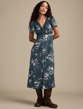 Lucky Brand Womens Lace Trim Floral Midi Dress