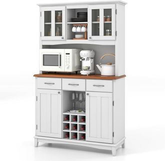 Costway Armario Alacena De Cocina, Aparador Comedor Con Vitrina De Vidrio Templado, Porta Botellas De Vino, Estantes Ajustables, Moderno Armario De Pie Con 3 