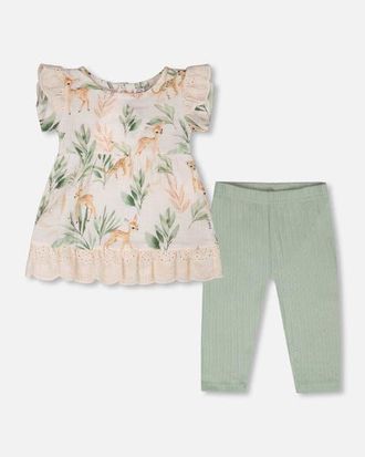 Deux par Deux Muslin Tunic and Pointelle Leggings Set Peach Deer Print in Peach Deer Print & Green at Nordstrom, Size 3M