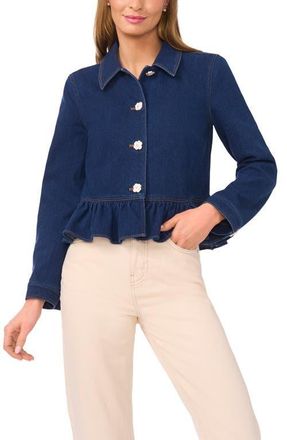 CeCe by Cynthia Steffe Floral Button Peplum Denim Jacket in Mid Indigo at Nordstrom, Size Xx-Small