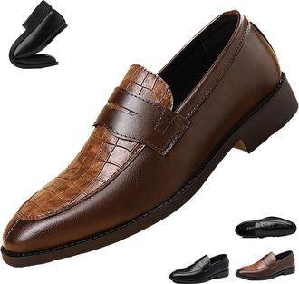 Generic Mens Leather Driving Slip-on Dress Loafers, Crocodile Print Vintage Non Slip Flats Shoes Formal Business Moccasins (Brown,40)