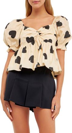 English Factory Heart Shape Puff Sleeve Top in Beige/Black at Nordstrom, Size X-Small