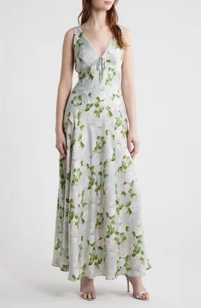 Wayf Lucasta Floral Satin Gown in Sage Roses at Nordstrom, Size X-Small