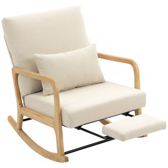 OEM Silla Mecedora N&oacute;rdica Con Reposapi&eacute;s Respaldo Ajustable Mecedora De Pana Patas De Madera Y Reposabrazos Coj&iacute;n Crema