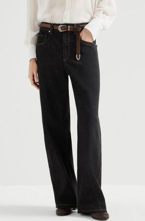 Brunello Cucinelli No-fade denim loose barrel trousers with monili in Black at Nordstrom, Size 40