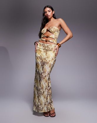 South Beach Vestito da mare lungo in tessuto a rete verde con stampa astratta multicolore e cut-out