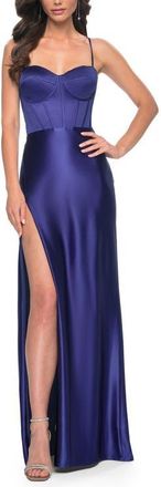 La Femme Stretch Satin Gown with Bustier Top and Lace Up Back in Marine Blue at Nordstrom, Size 14