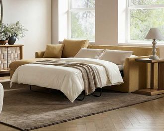 Castlery Agnes Chaise Sectional Sleeper Sofa, Left Facing, Mustard Brown, Removable Covers, Hidden Storage for Brown