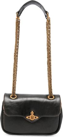 Vivienne Westwood Rectangular Black Flap Bag with Gold Emblem and Chain Straps