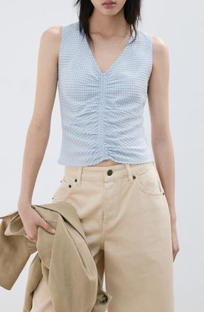 Mango Micro Check Ruched Cotton Blend Top in Sky Blue at Nordstrom, Size X-Small