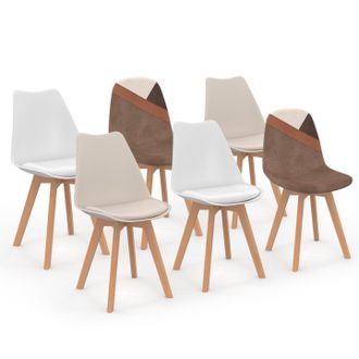 IDMarket Set Di 6 Sedie Scandinave Sara Beige E Bianche Con Velluto Patchwork Marrone E Beige
