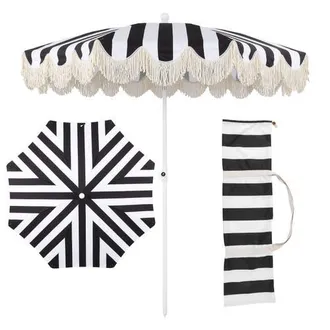 Jonathan Y Designs Mariner 6.5 ft. Classic Cottage Fringe Tassel Market Beach Umbrella with Push Button Tilt in Black/white - White Pole at Nordstrom