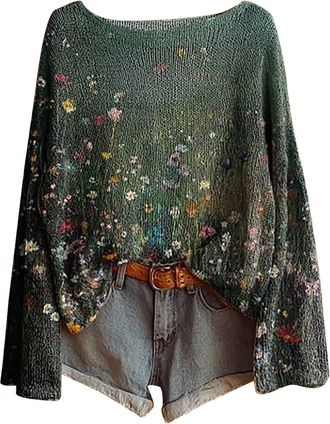 Generic Fairisle Norwegian Womens Jumpers Ethnic Art Print Casual Pullover Knitted Sweaters for Women UK Fashion Long Sleeve Tops Chenille Crewneck Blouse War