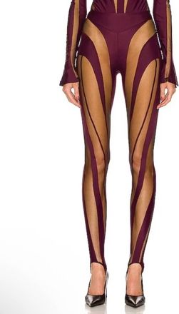 MUGLER Sheer Spiral Stirrup Leggings In Raisin Black Mesh Illusion