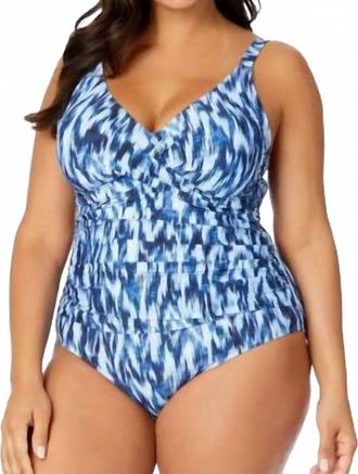 Anne Cole Ikat Hidden Underwire Drape Front One Piece Swimsuit In Blue/white