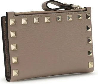 Valentino Garavani Womens Rockstud Zip Card Holder Poudre Calf Leather Bos Taurus Wallet
