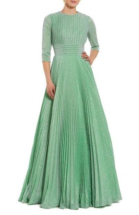 Mac Duggal Shimmering Georgette Pleated 3/4 Sleeve Gown in Sage at Nordstrom, Size 12