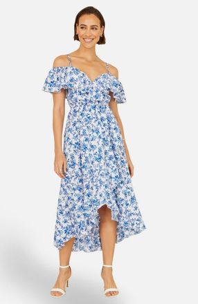 Yumi Floral Print Bardot Midi Dress in Blue at Nordstrom, Size 10