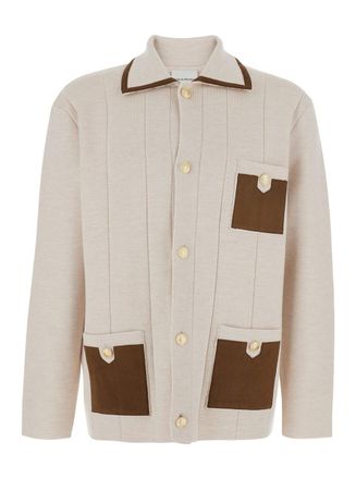Drôle de Monsieur Le Cardigan À Poches Beige Cardigan With Classic Collar And Three Front Patch Pockets In Wool Man