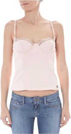 John Galliano Sleeveless Tops, female, Pink, Size: M Pink Lace Trimmed Top with Zip