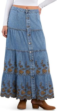 Wash Lab Denim Tiered Eyelet Denim Midi Skirt in Sky Denim at Nordstrom, Size 26