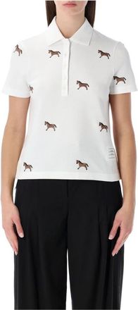 Thom Browne Paarden Geborduurde Half Drop Polo met Korte Mouwen - Dames - Polos - Wit - M - Katoen - Tops