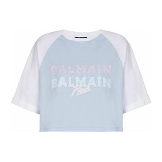 Balmain T-Shirts, female, Blue, M, Cropped T-shirt with Paris print