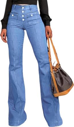 Generic Womens High Waist Button Fly Bell Bottom, 2025 New Vintage Stretch Bootcut Denim Trouser with Pocket (Light Blue,XXL)