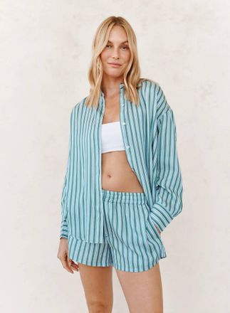 Bella Dahl Oversized Button Down Shirt In Emerald Surf Stripe