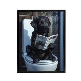 Artery8 Labrador Dog Reading On Toilet Funny Framed Canvas Wall Art Print in Grey | Size: W24 x H32