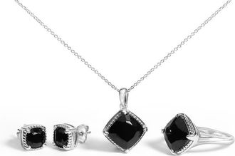 House of Brilliance Sterling Silver Cushion Onyx 3-Piece Jewelry Set Ring Earrings Pendant 18 Inch Cable Chain