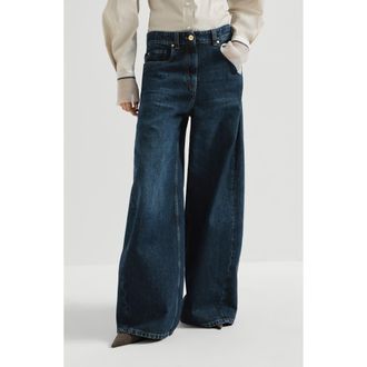 Brunello Cucinelli Authentic denim wide trousers with monili at Nordstrom, Size 44