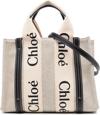 Chloé Woody logo-print tote bag - women - Cotton/Linen/Flax/Polyester/Calf Leather - One Size - Neutrals