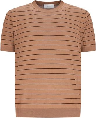 Lardini Gestreept zijden T-shirt - Heren - Ronde hals truien - Bruin - M - Truien & Vesten