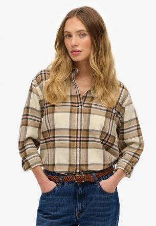 Superdry Karobluse SUPERDRY CHECK FLANNEL BOYFRIEND SHIRT, Damen, Gr. XS, beige, cream check, Flanell, Obermaterial: 100% Baumwolle, kariert, casual, oversize,