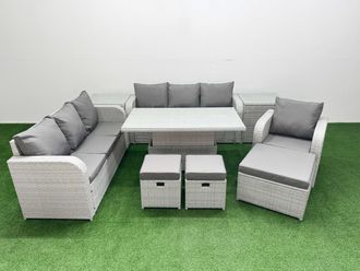 Fimous 10 Seater Poly Rattan Outdoor Garden Furniture Adjustable Lifting Dining or Coffee Table Sofa Set Patio 3 Seater Sofa Reclining Chair 3 Seater