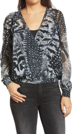 AllSaints Feather Long Sleeve Fara Stretto V-Neck Wrap Blouse In Multicolor
