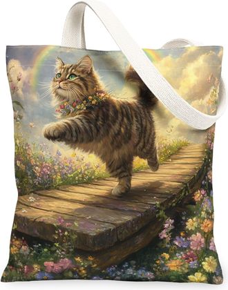 Generic Spring Siberian Cat Canvas Tote Bag for Shopping 13x15, Country Garden Kitten Reusable Grocery Print Pattern Bag for Women, Fun Flower Pet Beach Aesth