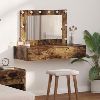 Berkfield Home Wall Hanging Dressing Table with LED Lights in Smoked Oak in Brown