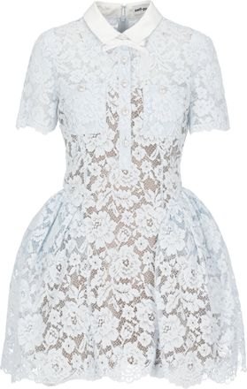 Self Portrait Light Blue Floral Lace Midi Dress With Bow Collar