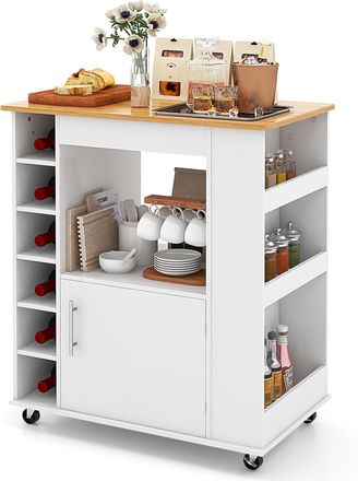 Costway Costway Carro Isla De Cocina Con Toallero, Isla De Cocina Sobre Ruedas Con Tapa De Bamb&uacute;, Estantes Ajustables Para 6 Botellas De Vino, Estante Para Es
