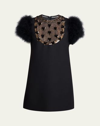 Valentino Garavani Embroidered Bib Feather-Sleeve Mini Dress