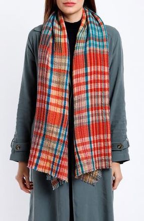 Vismaya Plaid Seersucker Wool Blend Fringe Scarf in Coral at Nordstrom Rack
