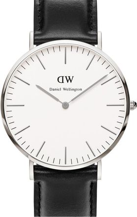 Daniel Wellington Classic Sheffield Leather Strap Watch, 40mm in Silver/white/silver at Nordstrom