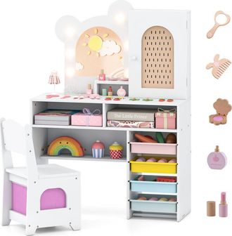Costway Kids Princess Vanity Table & Chair Set with 5 Drawers & Lights-White