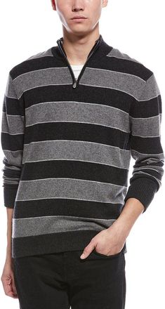 Raffi Striped 1/4-Zip Cashmere Mock Neck Sweater