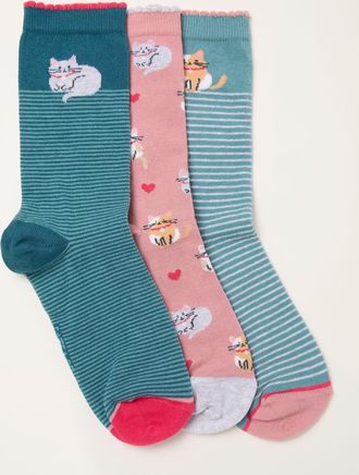 Fat Face FatFace Green Cat 3 Pairs of Socks