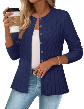 Merokeety Womens Cable Knit Peplum Cardigan Sweaters 2025 Trendy Fall Open Front Button Down Soft Knitted Coat, Navy, XL