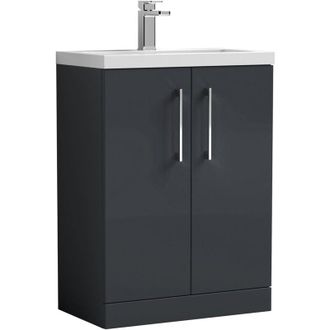 Nuie Arno Compact Floor Standing 2-Door Vanity Unit with Ceramic Basin 600mm Wide - Satin Anthracite - Nuie